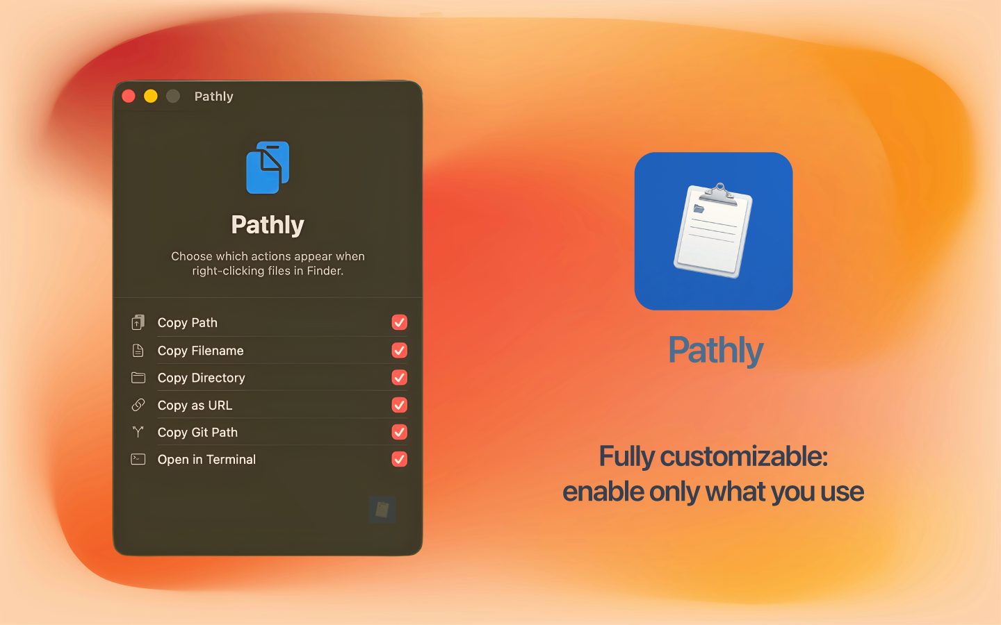 Pathly preferences window showing toggle for each copy action